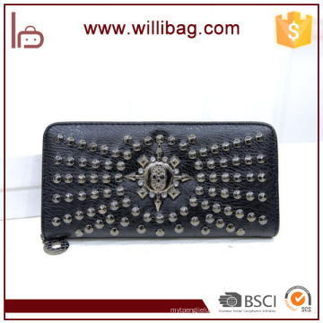 Estilo coreano elegante cráneo Rivet Lady monedero para mujer billetera de cuero